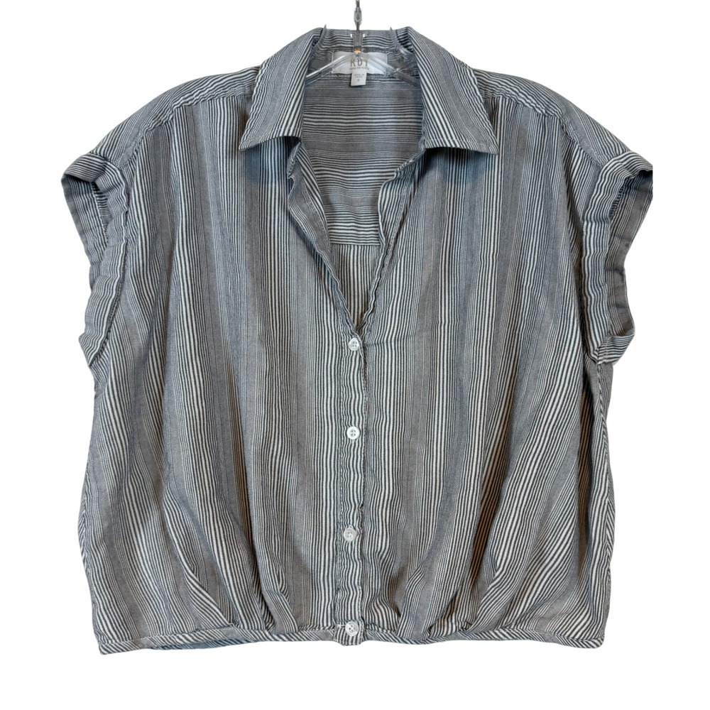 KUT from the Kloth Womens Navy White Striped Cap Sleeve Button Down Top •S• Prep